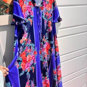 Maxi kaftan robe dress colorful floral blue red multi Large cover up beach party